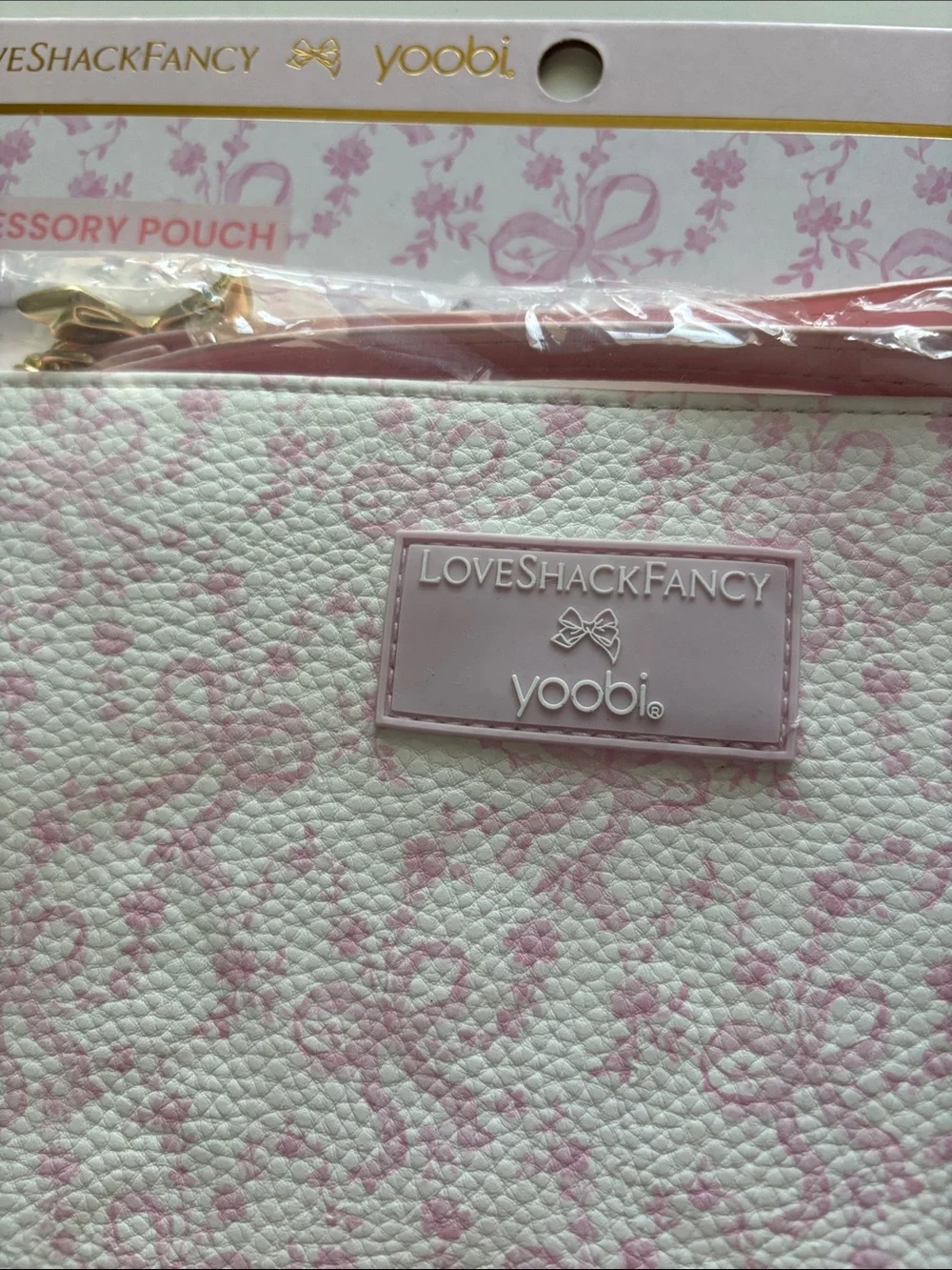 New - LoveShackFancy Pink Coquette Gold Bow Zipper Pouch/Wristlet w Strap